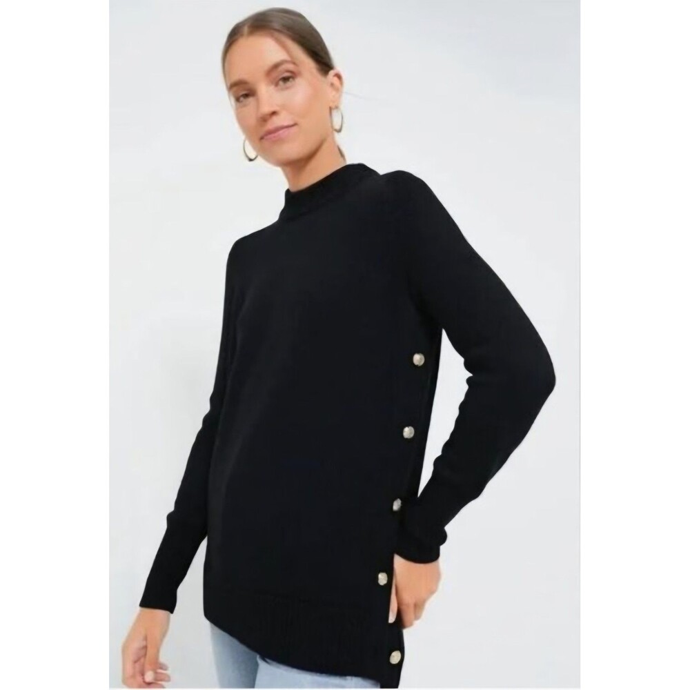 Tuckernuck Wool Bexley Crew Sweater Black Size L Long Sleeve Gold Buttons NWOTs